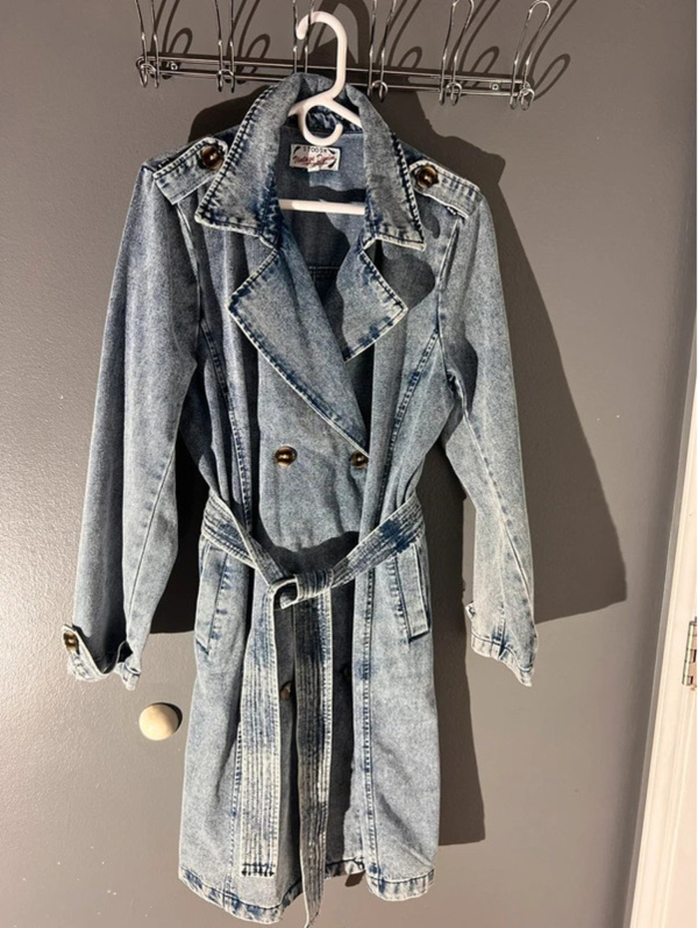 Stoosh Vintage Denim Double Breasted Belted Trench Coat Light Acid Wash Large